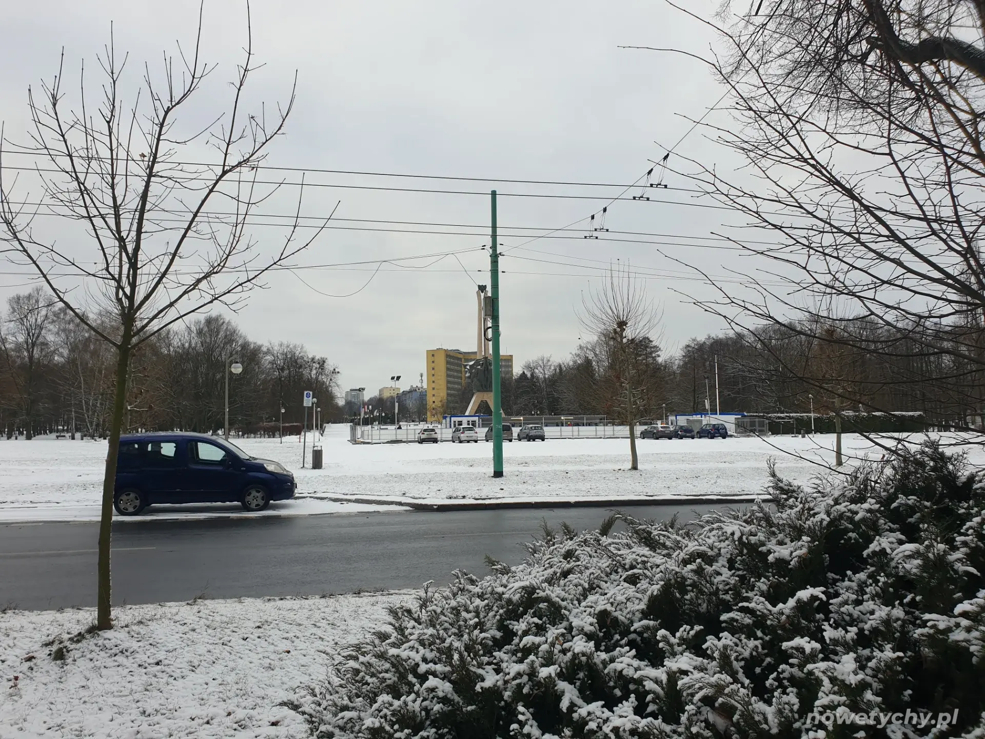 Park zimą. W tle lodowisko